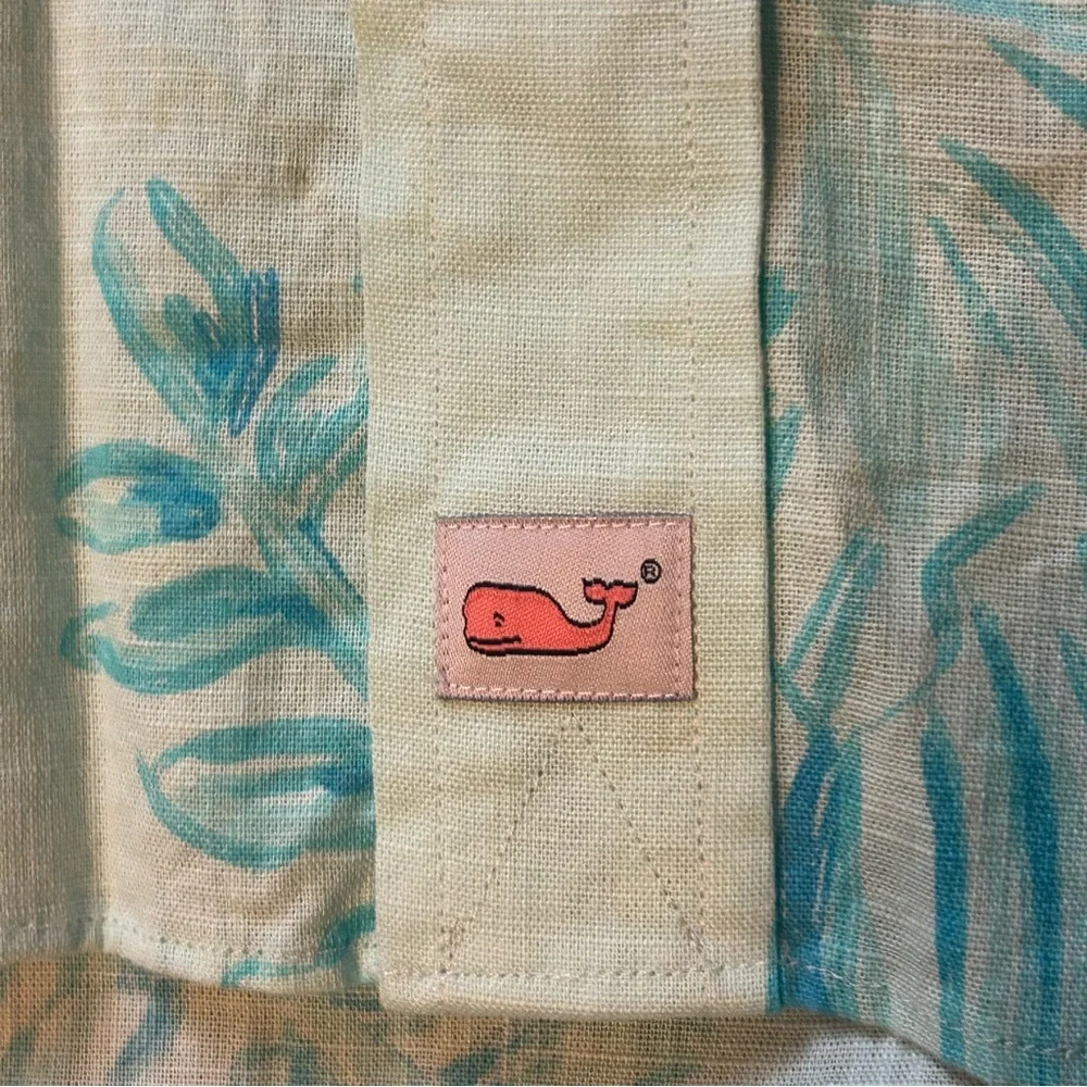 Vineyard Vines Murray Shirt Men Medium Short Sleeve Seaweed Print White Blue EUC